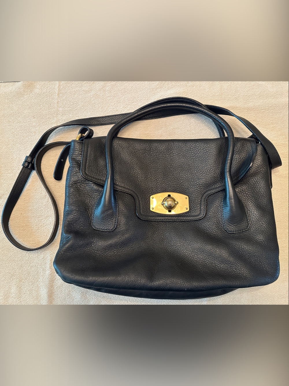 Furla Black Pebbled Leather Turnlock Crossbody Satchel | Gold Hardware